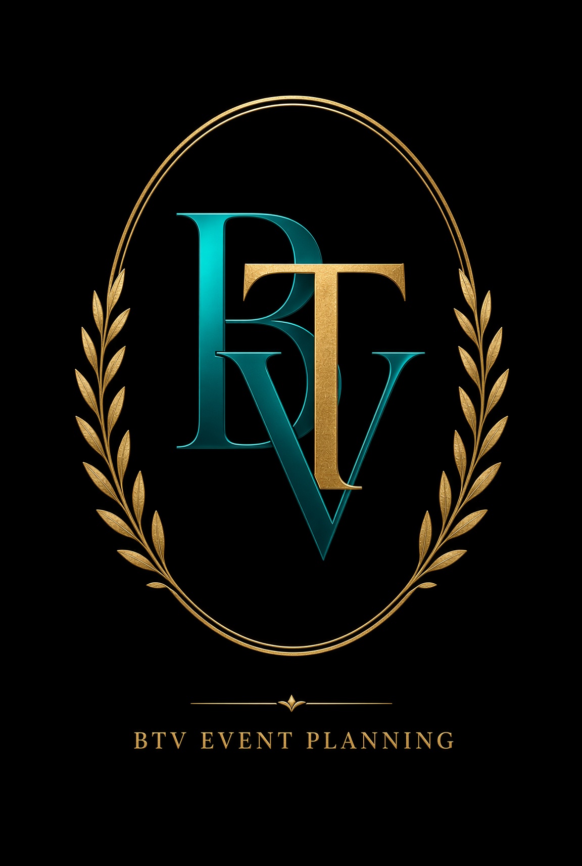 BTV Event Planning logo — teal and gold monogram on black